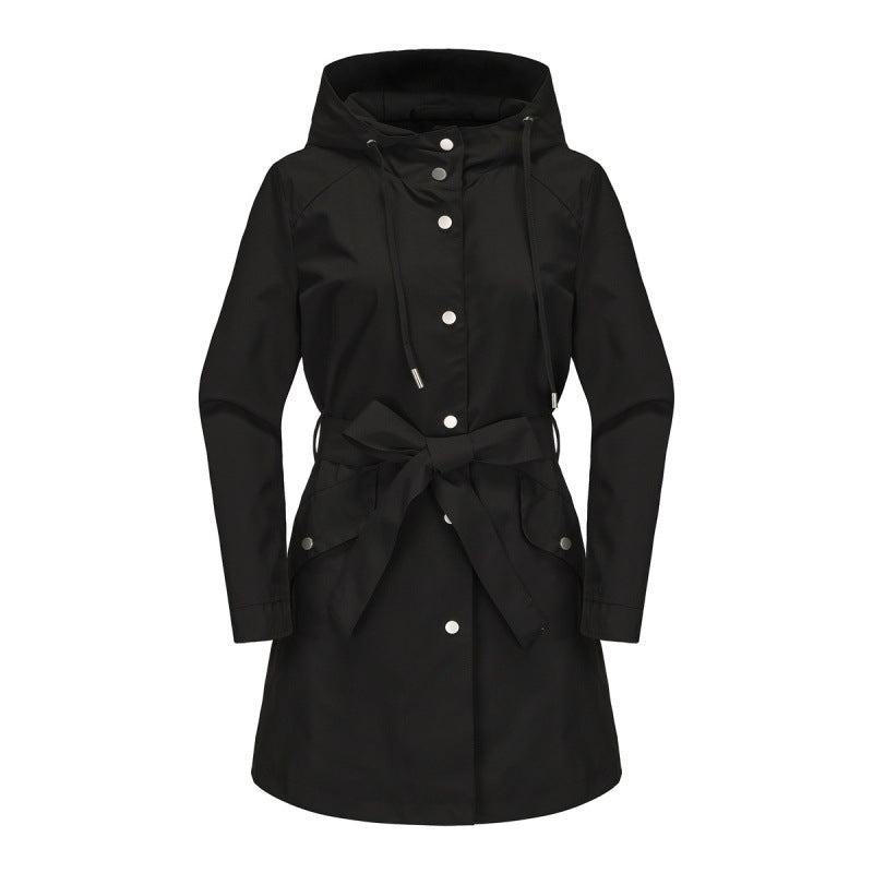 Women's beige relaxed-fit mid-length trench coat with hood and waist belt, water-resistant