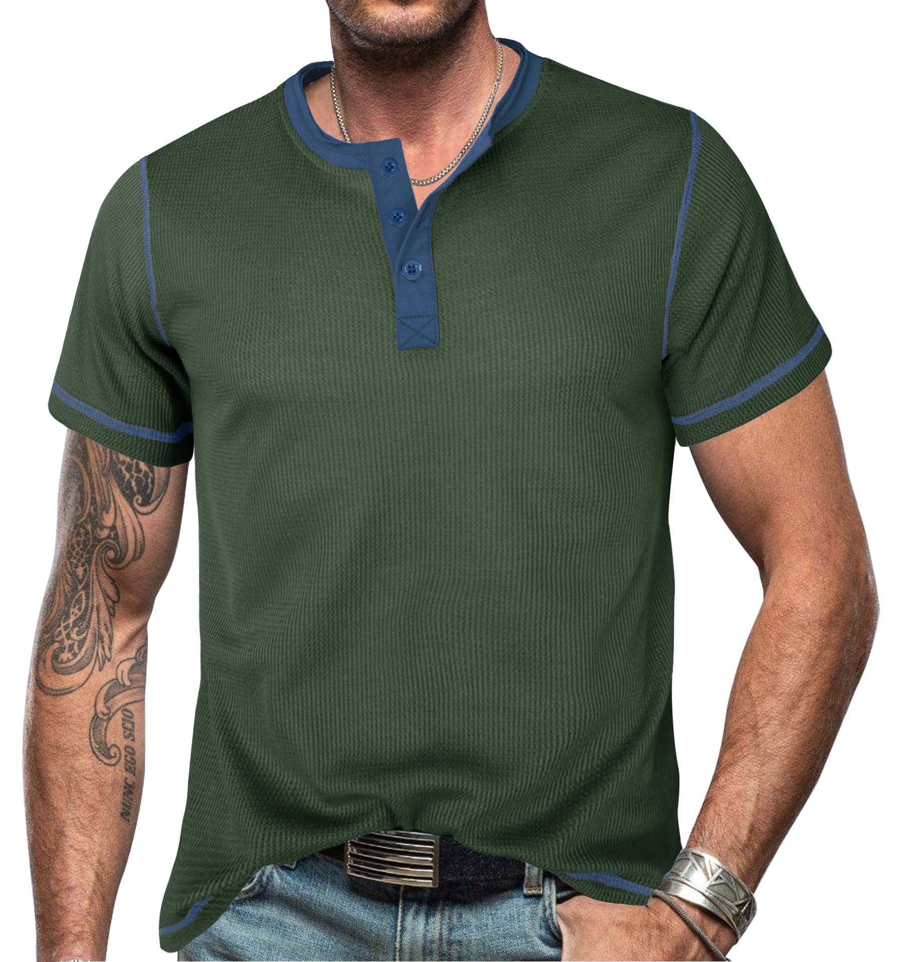 Men's slim fit Henley T-shirt breathable cotton short sleeve with classic button closure casual style