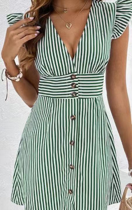 Striped cotton A-line dress with V-neck and ruffle sleeves, lightweight everyday casual style