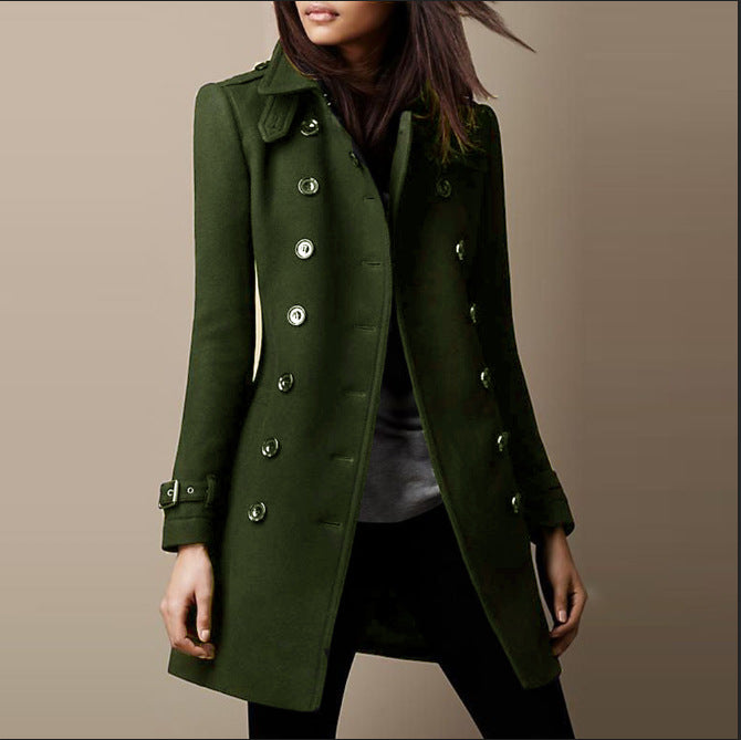 Women's double-breasted mid-length trench coat notched collar structured fit winter layer