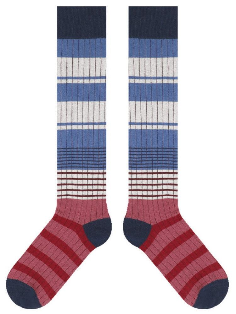 Women's striped knee-high socks in multicolor retro-chic design, breathable cotton for everyday wear