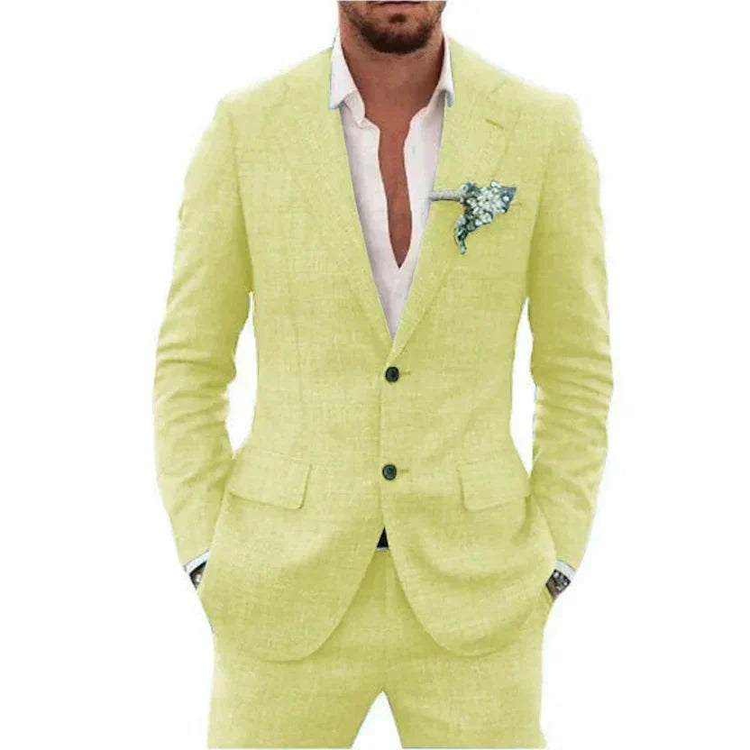 Men's slim fit two-piece wedding suit, ivory peaked lapel jacket and matching trousers
