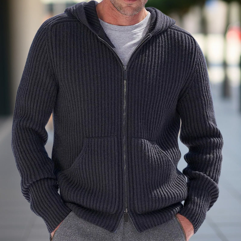 Men's gray hooded knit cardigan relaxed fit full-zip ribbed texture casual layering wool blend