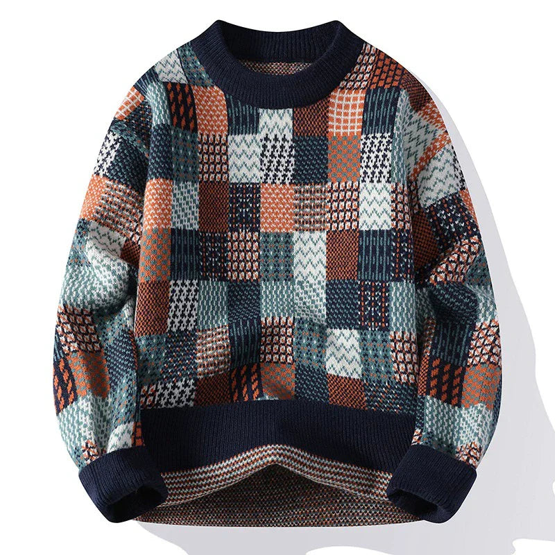 Men's wool knit pullover sweater, relaxed fit with checkerboard patchwork in neutral tones