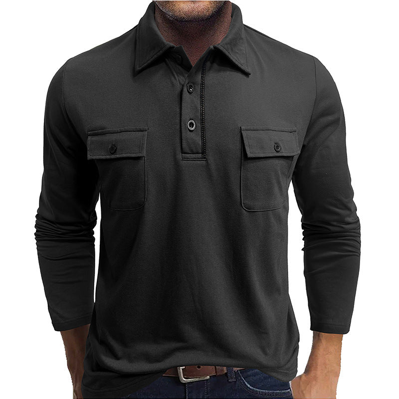 Men's long sleeve polo shirt regular fit breathable two chest pockets casual versatile top