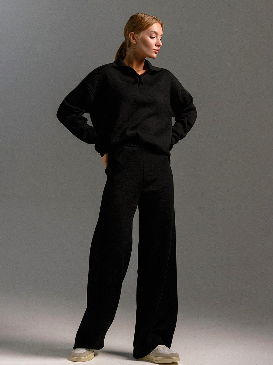 Women's beige knit two-piece set relaxed pullover wide-leg trousers minimalist loungewear