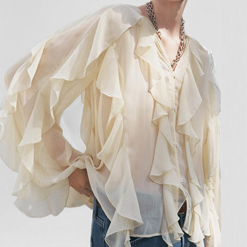 Women's loose fit chiffon blouse V-neck ruffle front button closure elegant everyday style