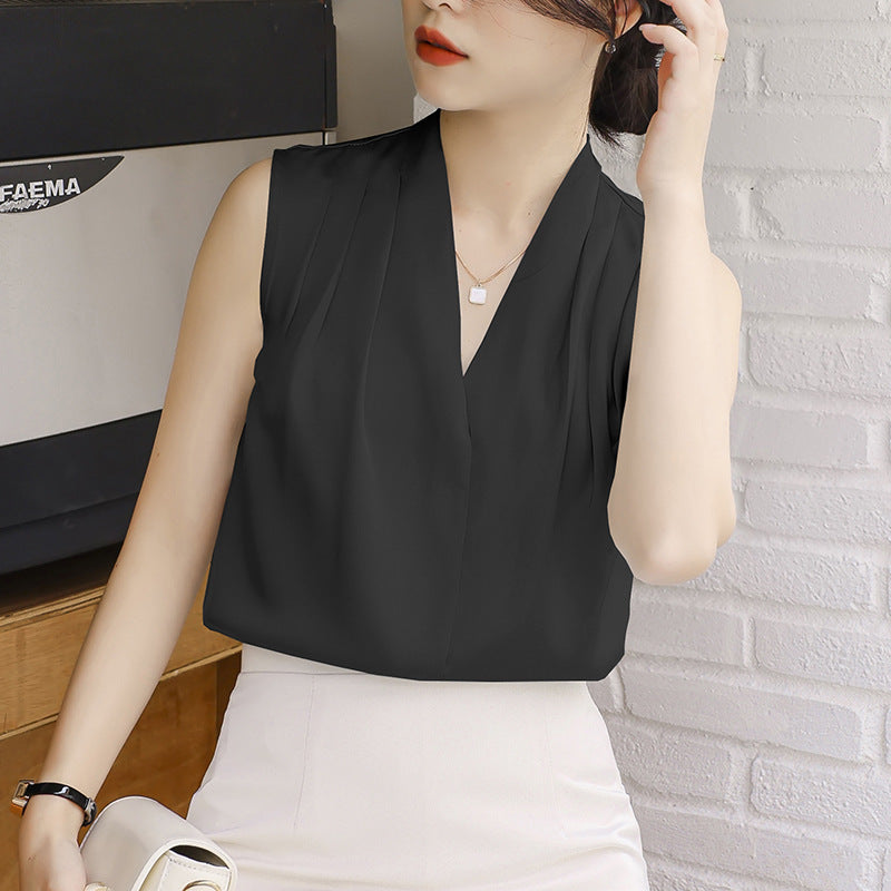 Women's ivory satin pleated V-neck sleeveless blouse with soft wrap and subtle sheen
