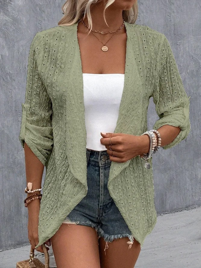 Women's open-front crocheted knit cardigan boho relaxed fit with textured crochet detailing