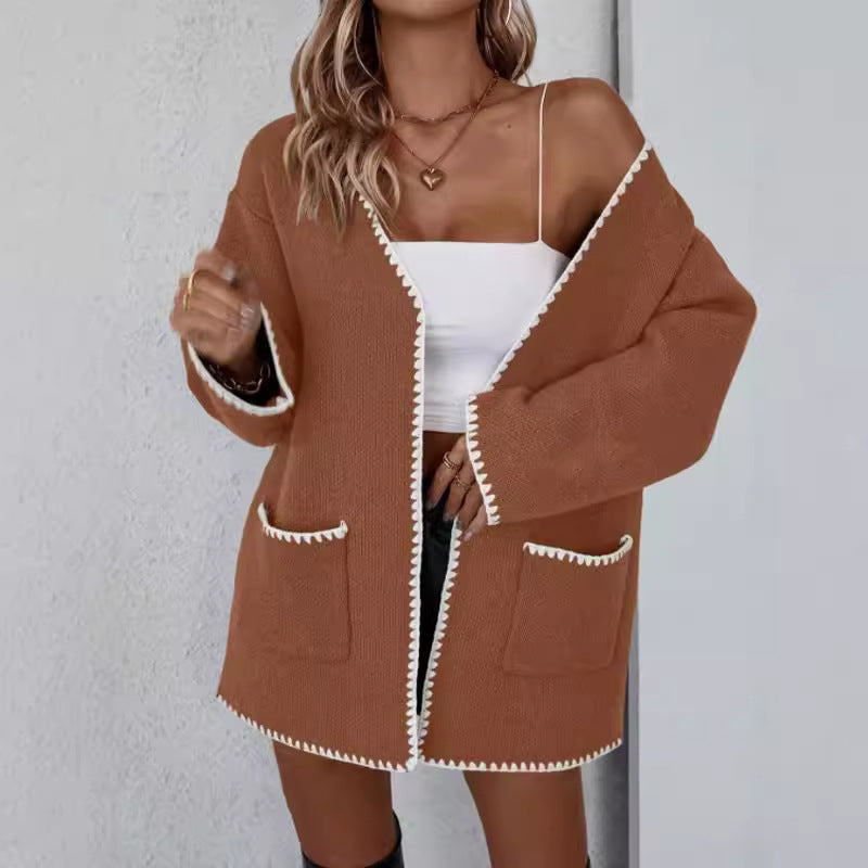 Women's oversized open-front knit cardigan in cozy cotton with ribbed edges and front pockets