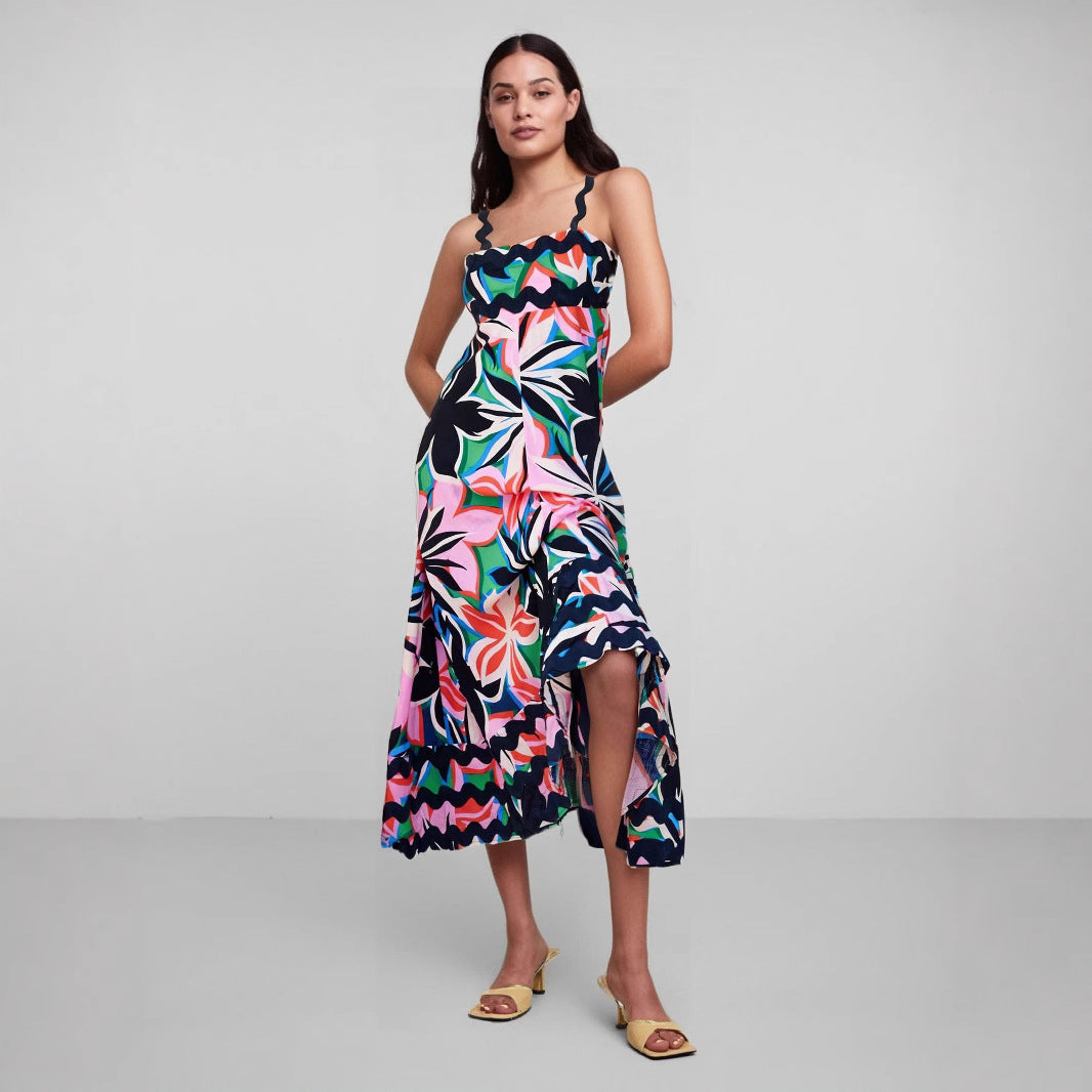 Women's lightweight floral maxi dress with flowing drape and wavy detailing for summer festive style