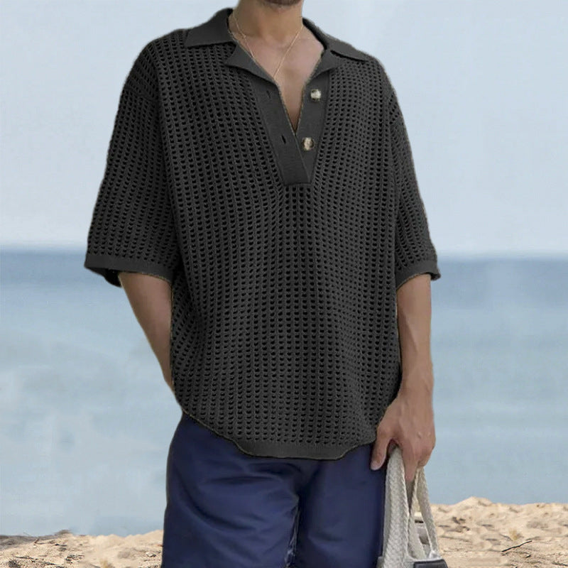 Men's oversized open-knit cotton sweater, short sleeves, notch collar, relaxed breathable Nordic style