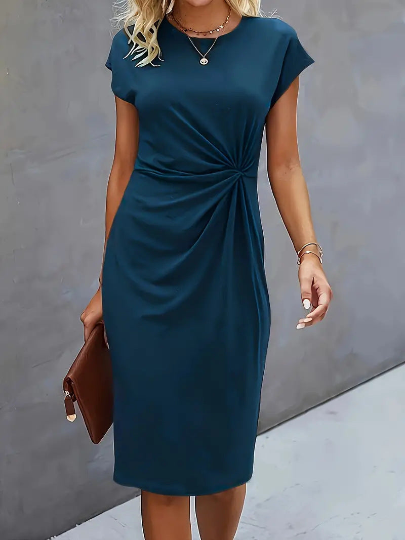 Women's slim-fit bodycon dress with side draping, short sleeves, round neck, chic versatile style