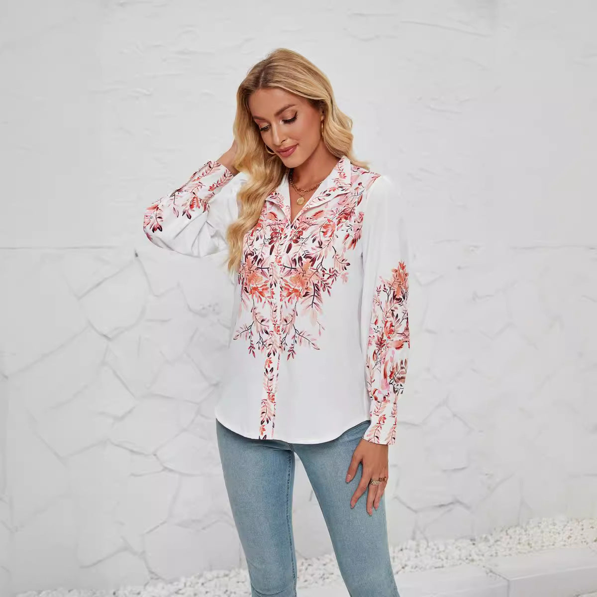 Women's floral blouse relaxed fit long sleeves lightweight viscose breathable fabric everyday top