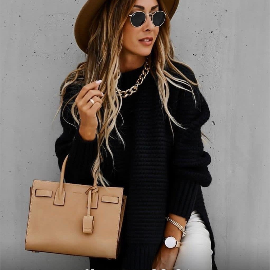 Jade women chunky knit sweater oversized cozy fit high neck ribbed cuffs textured everyday casual style
