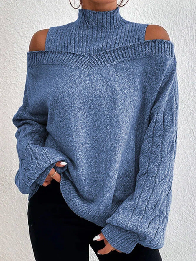 Women's off shoulder knit sweater with cutout neckline, cozy relaxed fit for casual chic style