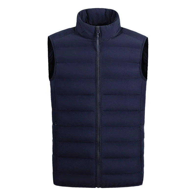 Men's navy blue quilted puffer vest with stand collar, regular fit, and side pockets for casual wear