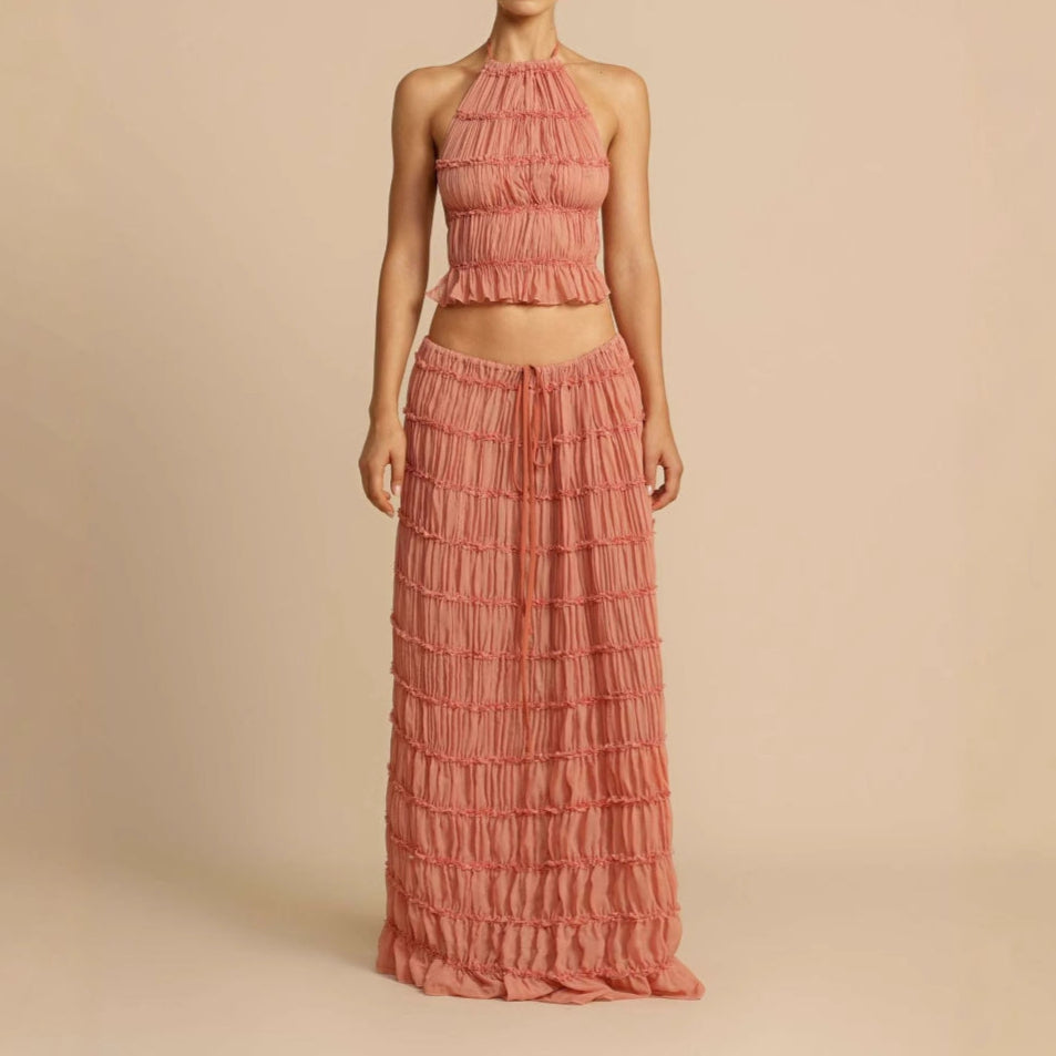 Women's ruched halter crop top and elastic waist maxi skirt two-piece set vacation outfit
