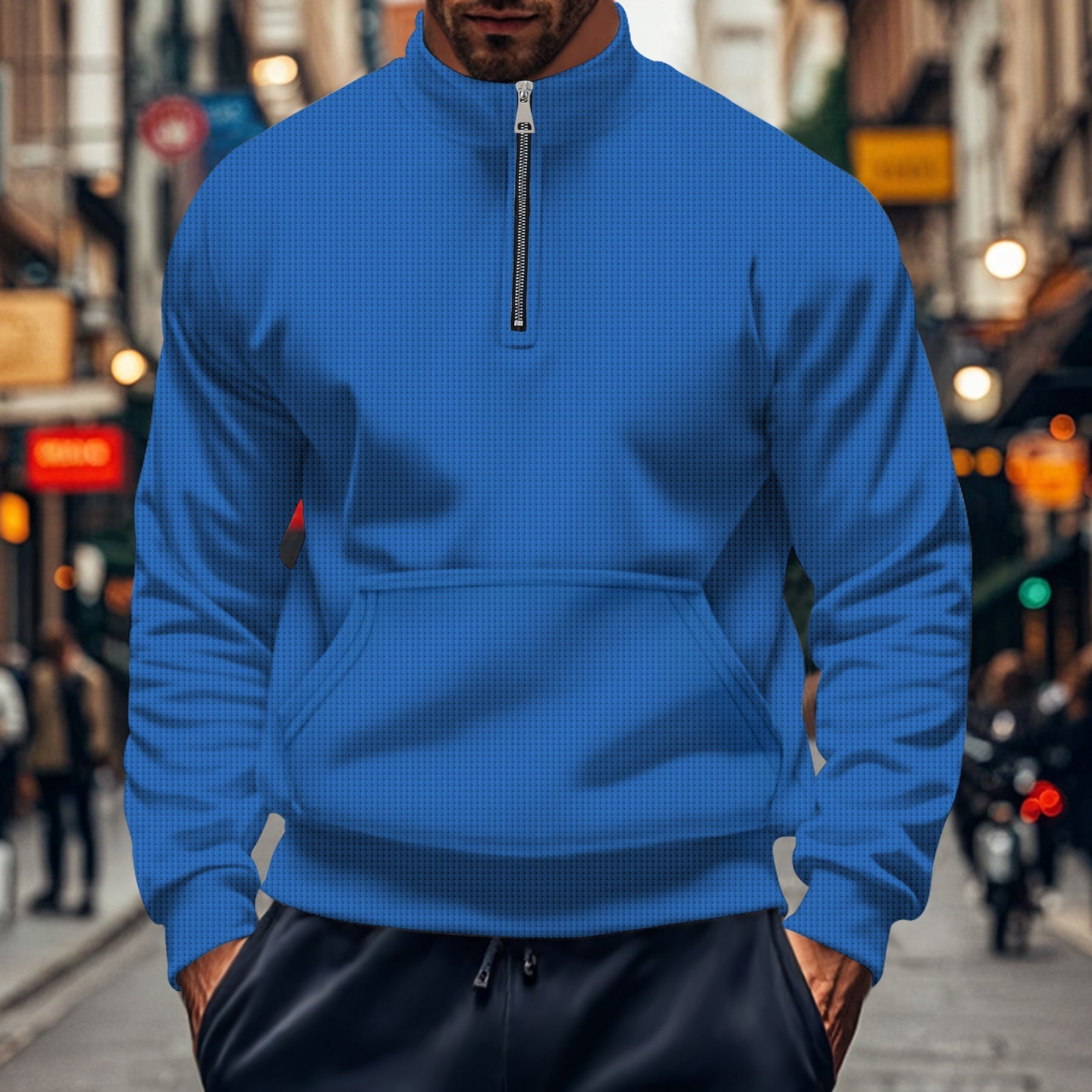 Men's gray cotton knit sweatshirt relaxed fit half-zip neckline with kangaroo pocket casual style