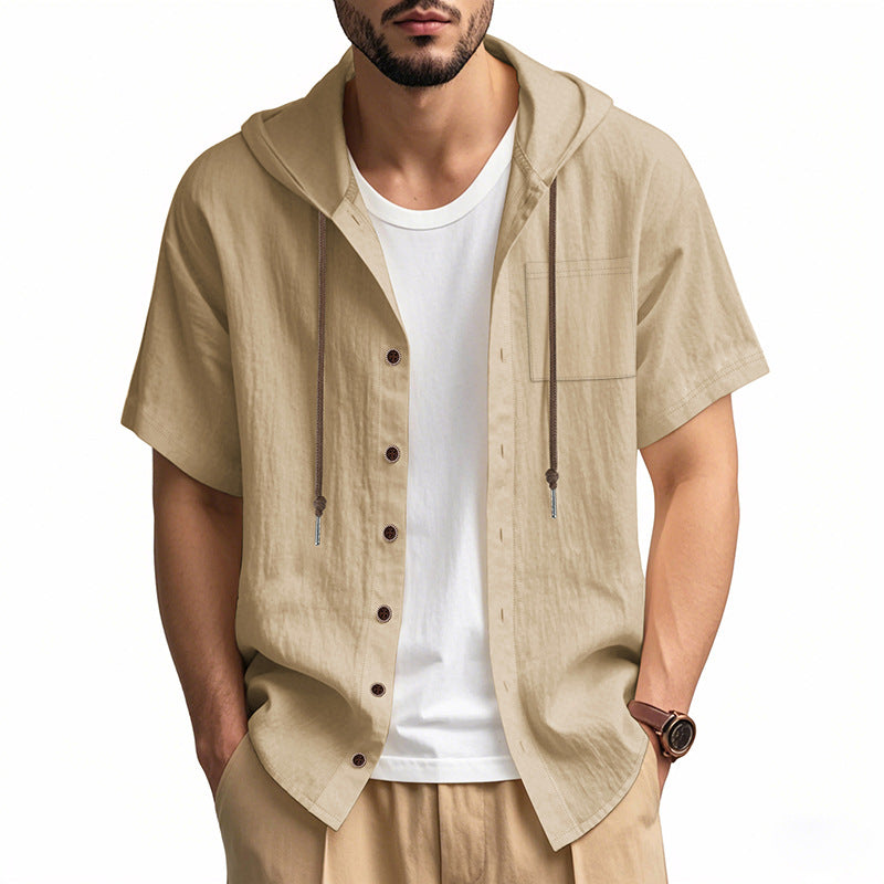 Men's linen-blend hoodie shirt short sleeves breathable relaxed fit casual summer style