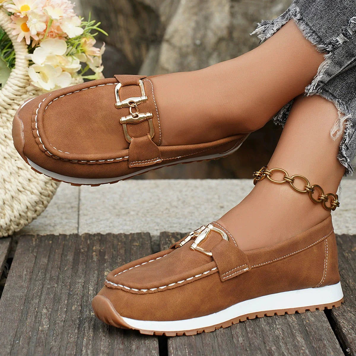 Women's suede-like loafers in neutral tone, classic silhouette with elegant gold buckle accent for all-day comfort