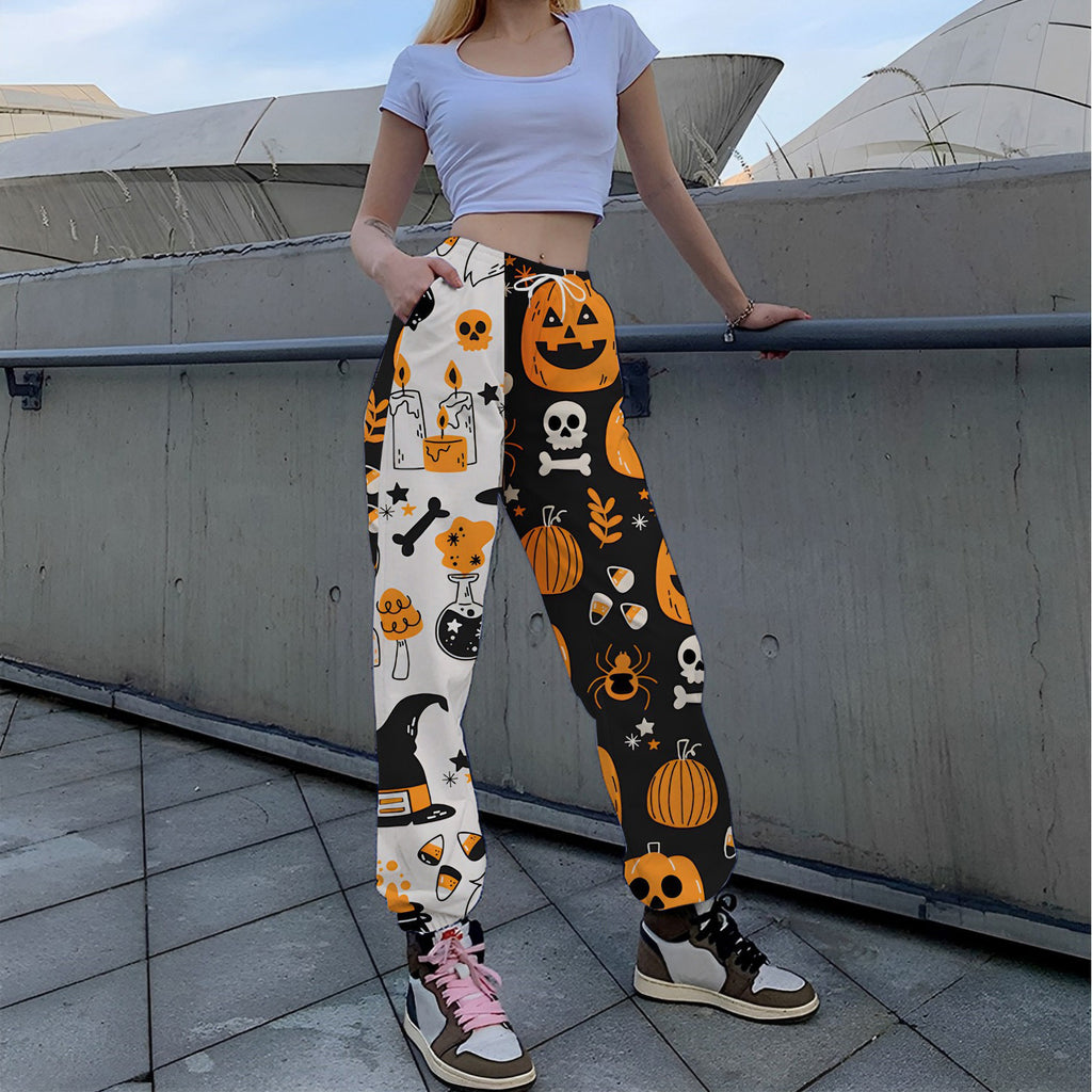 Women's relaxed fit full-length leisure trousers bold print cotton-feel fabric drawstring waist pockets