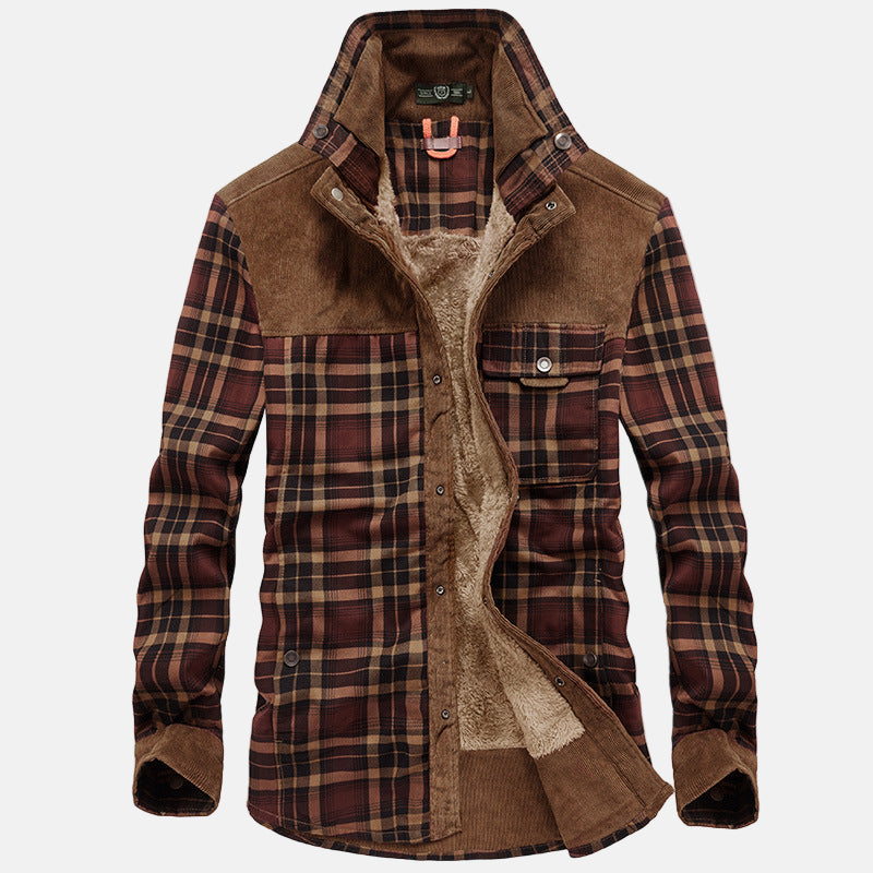 Unisex plaid flannel shirt jacket with sherpa fleece lining, corduroy contrast, relaxed fit outerwear