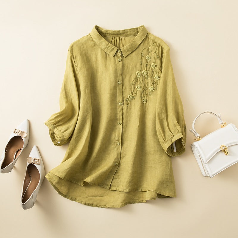 Natural fiber women's relaxed fit shirt by Nordic Flair with embroidered chest detail, mid-length sleeves