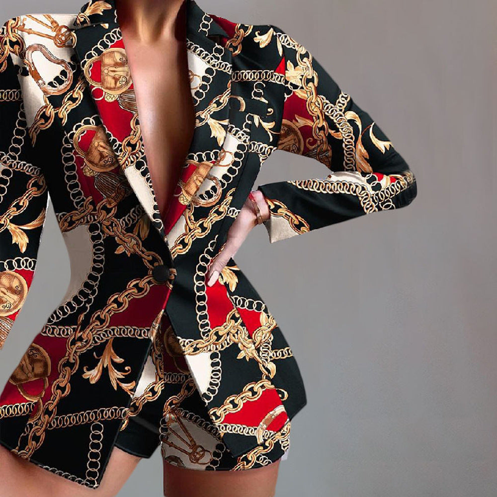 Women's leopard print tailored blazer with peaked lapels and long sleeves, bold statement piece