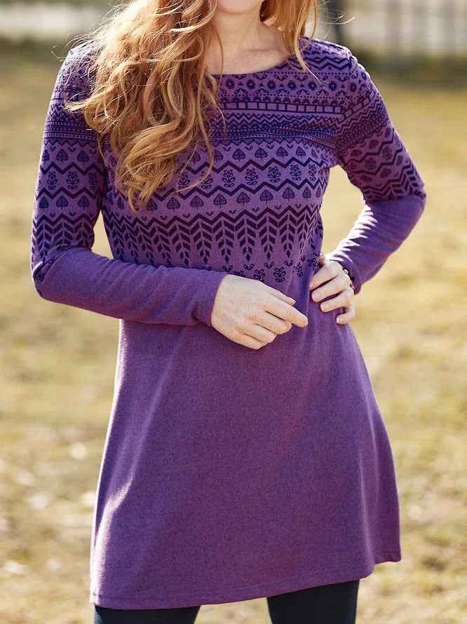 Women's relaxed-fit long sleeve dress in ethnic print with ultra-soft brushed fabric and round neck