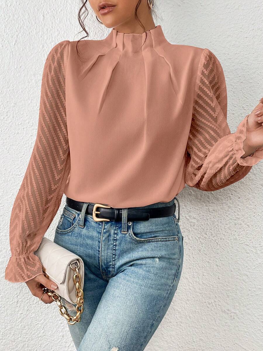 Women's elegant blouse with pleated mesh sleeves, flared cuffs, sheer transparent detailing for office to evening