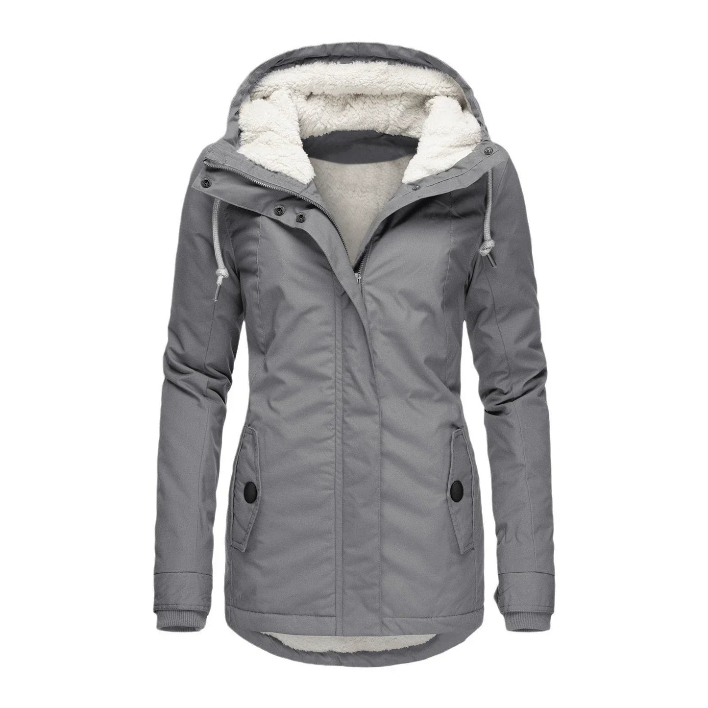 Women's semi-fitted mid-thigh parka coat with plush-lined hood, weather-resistant warmth for outdoor wear