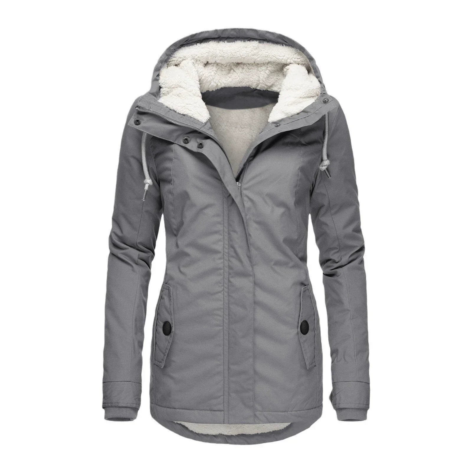 Women's semi-fitted mid-thigh parka coat with plush-lined hood, weather-resistant warmth for outdoor wear