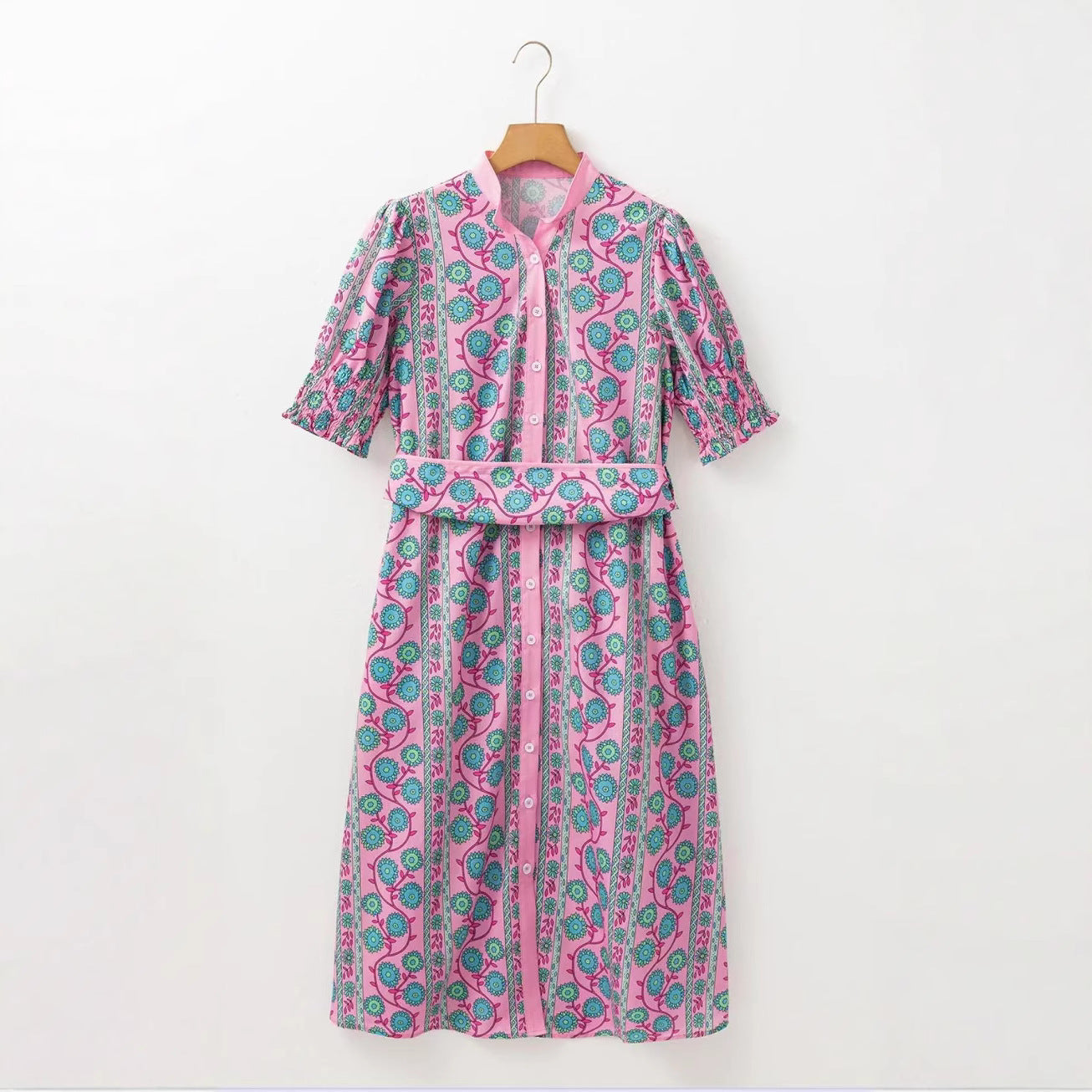 Women's pink teal floral midi dress belted high waist A-line silhouette puff sleeves button closure