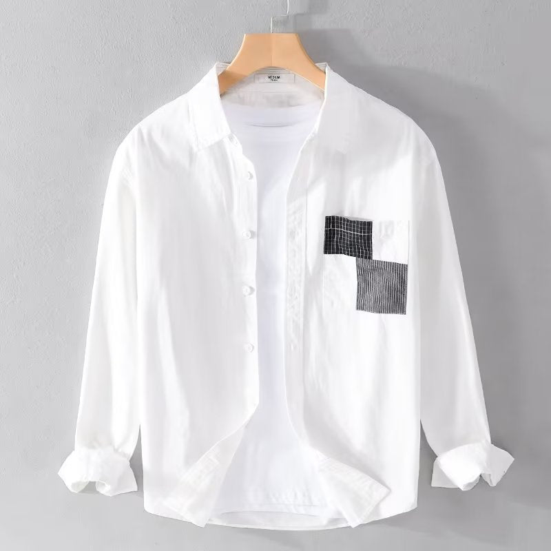 Men's relaxed fit long sleeve cotton blend casual button-up shirt with patch pocket detail