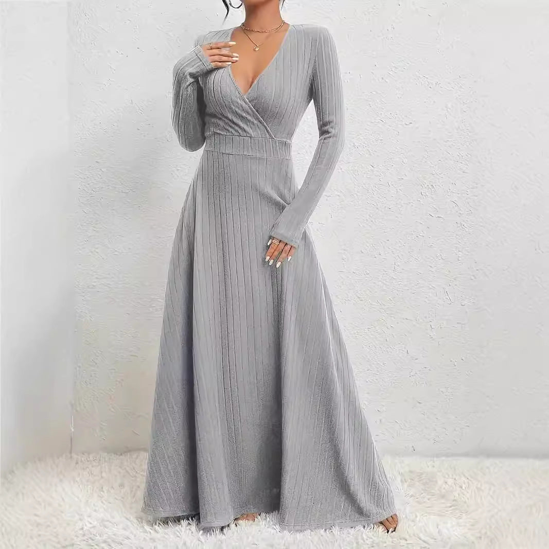 Women soft knit maxi fit-and-flare dress with long sleeves, defined waist, elegant everyday style