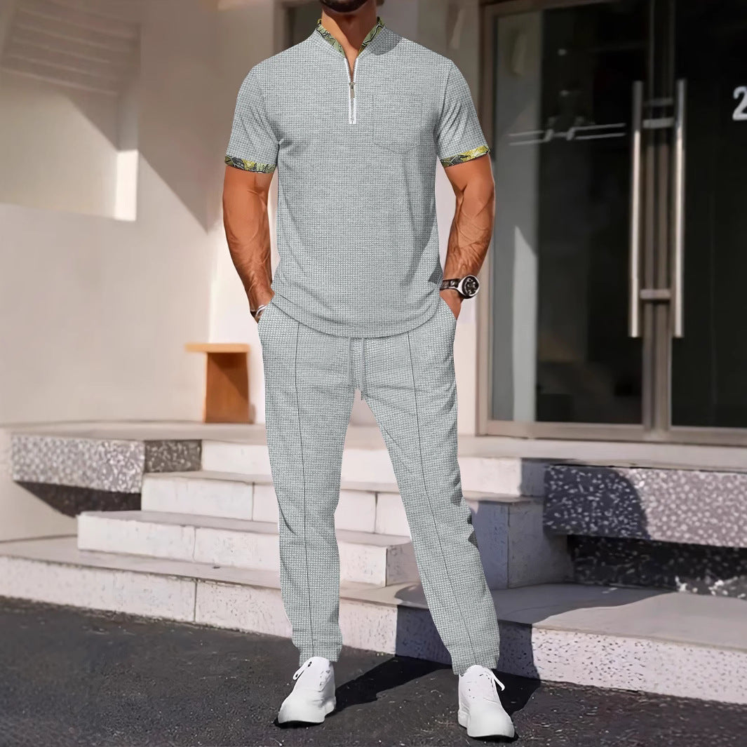 Men's slim fit two-piece set breathable fabric zipper neck chest pocket coordinated top and pants