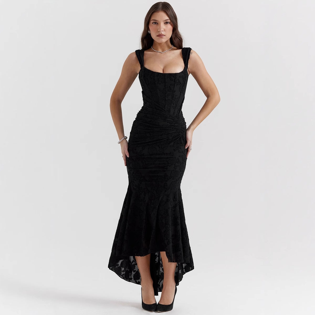 Black satin-look mermaid evening dress one-shoulder ruched waist flared hem silhouette