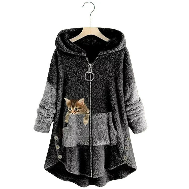 Women's oversized plush fleece hooded jacket with high-low hem and playful cat pocket