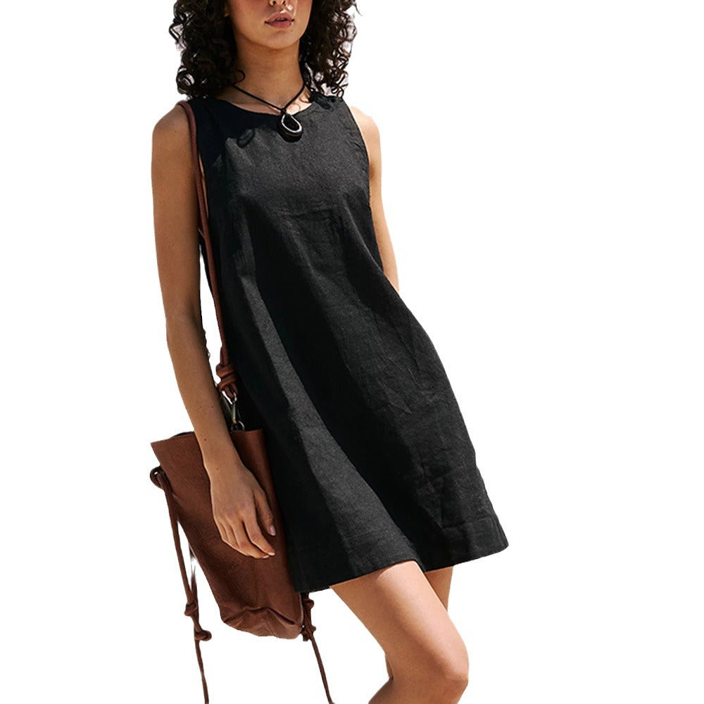 Women's sleeveless linen blend mini dress loose fit deep open back summer chic style