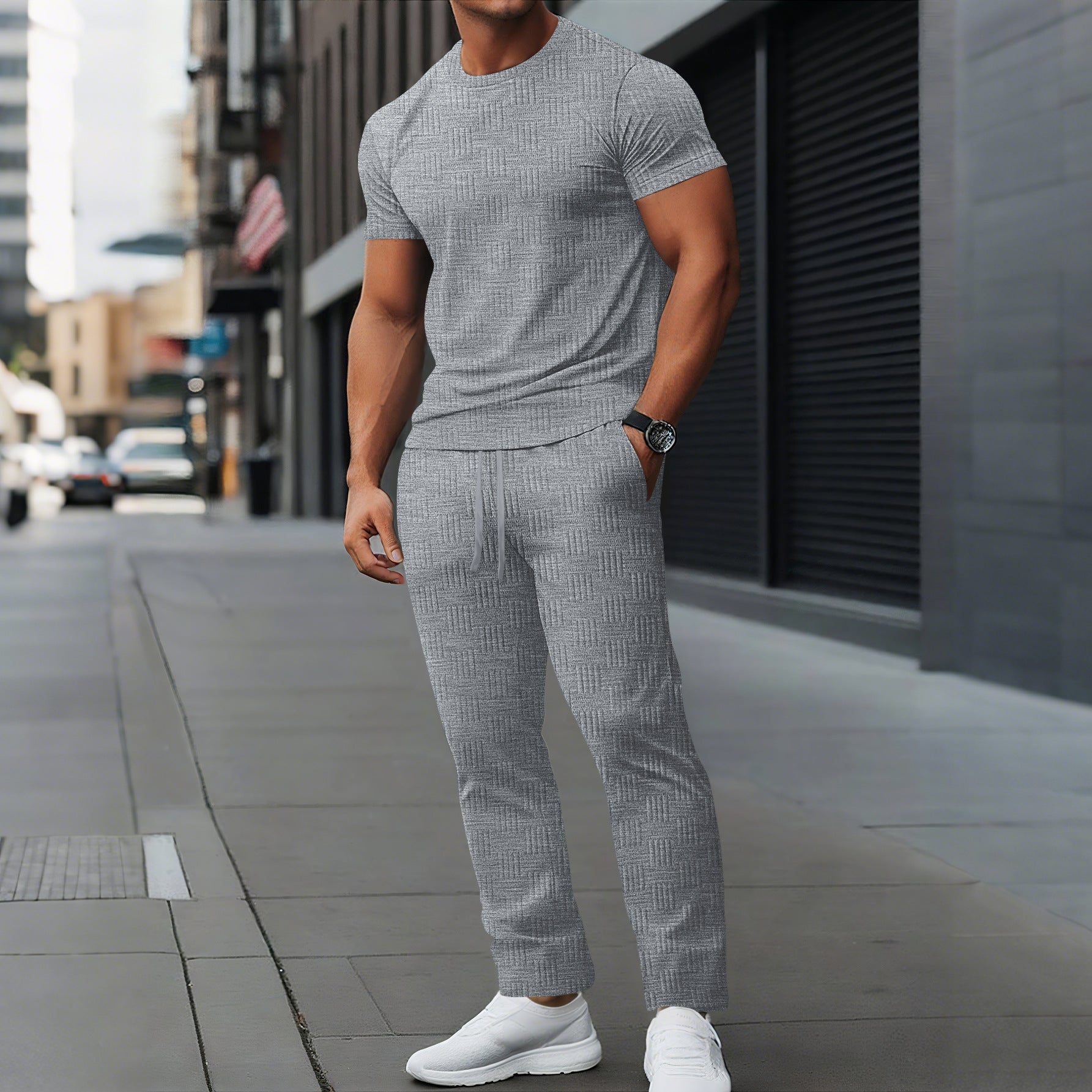Men's slim fit training set breathable stretch fabric textured design athletic wear for active men