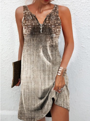 Women's sleeveless floral cotton blend dress, V-neck with asymmetrical hem, lightweight summer style