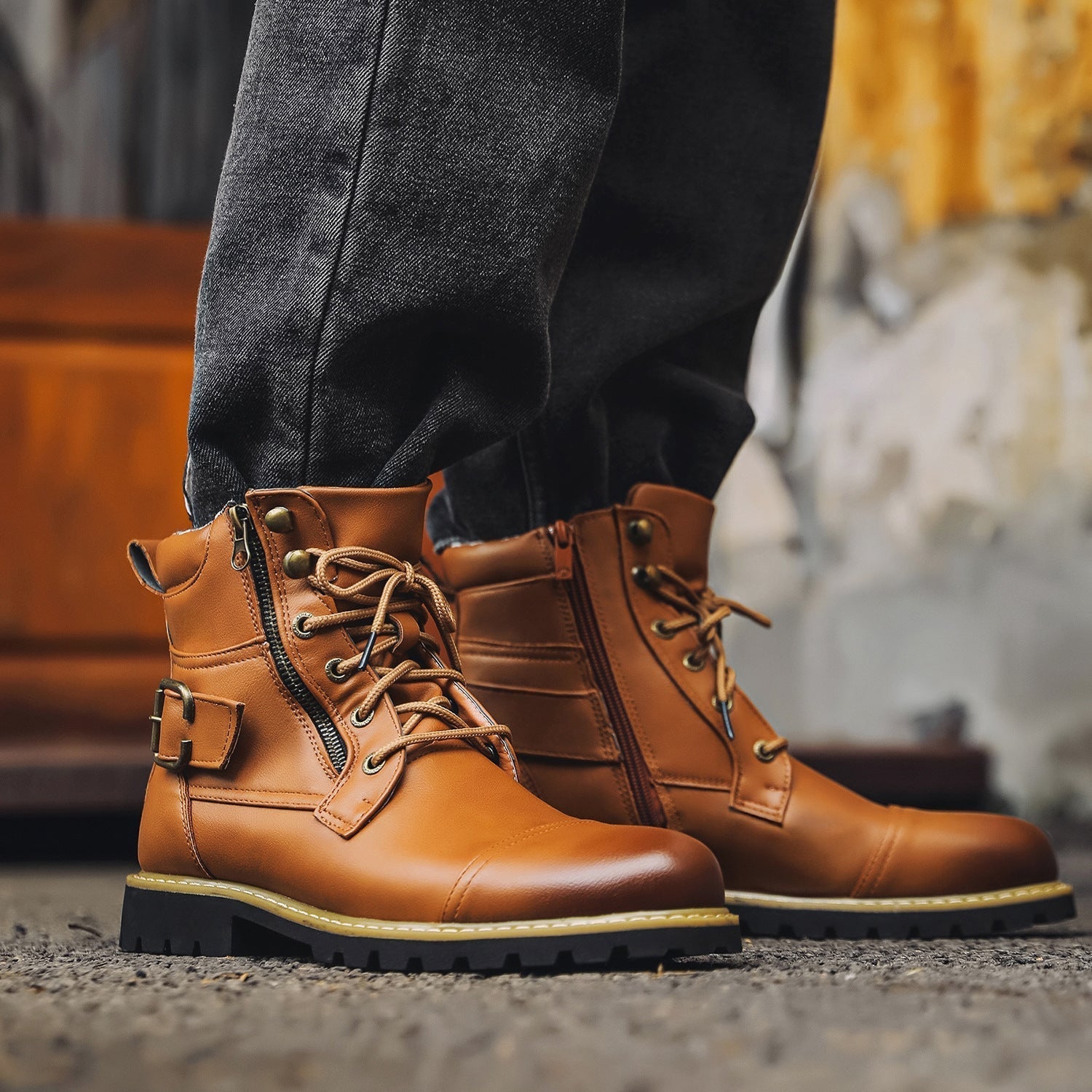 Men's leather ankle boots brown lace-up combat style with convenient side zipper for everyday wear
