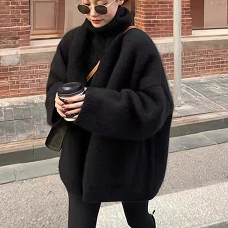 Women oversized mohair blend cardigan deep V-neck mid-thigh length with front pockets all-season layer