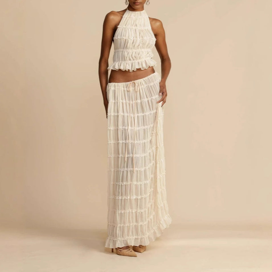 Women's ruched halter crop top and elastic waist maxi skirt two-piece set, vacation-ready summer style