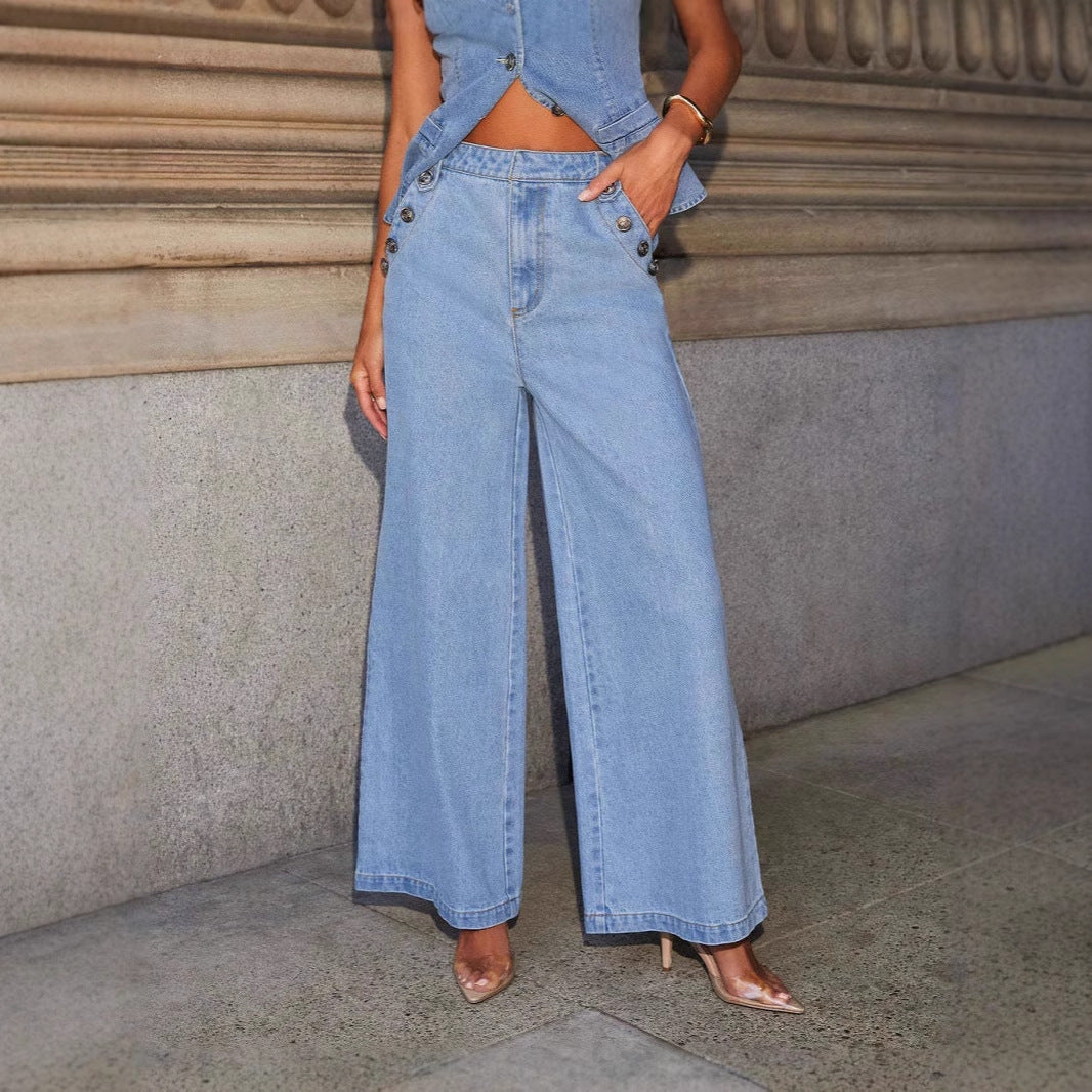 Women's tailored waist-length denim vest with button closure, fitted silhouette for chic layering