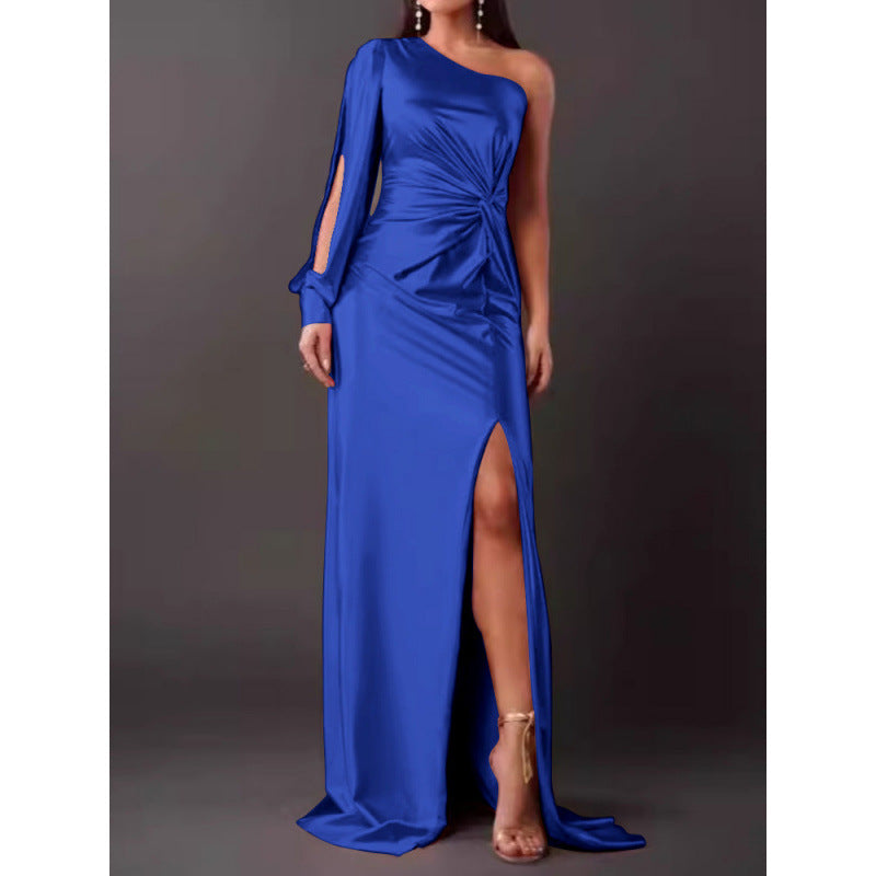 Satin maxi dress single shoulder slim fit high slit elegant women's formal evening gown