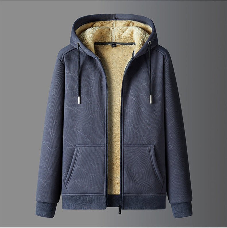 Men's hooded zip-up fleece jacket sherpa-lined gray casual fit warm lightweight layer