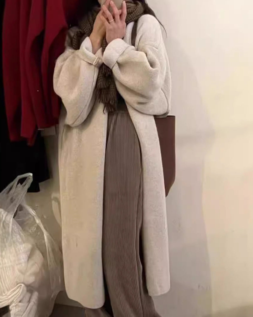 Women's oversized full-length wool knit cardigan coat with draped open front for effortless layering