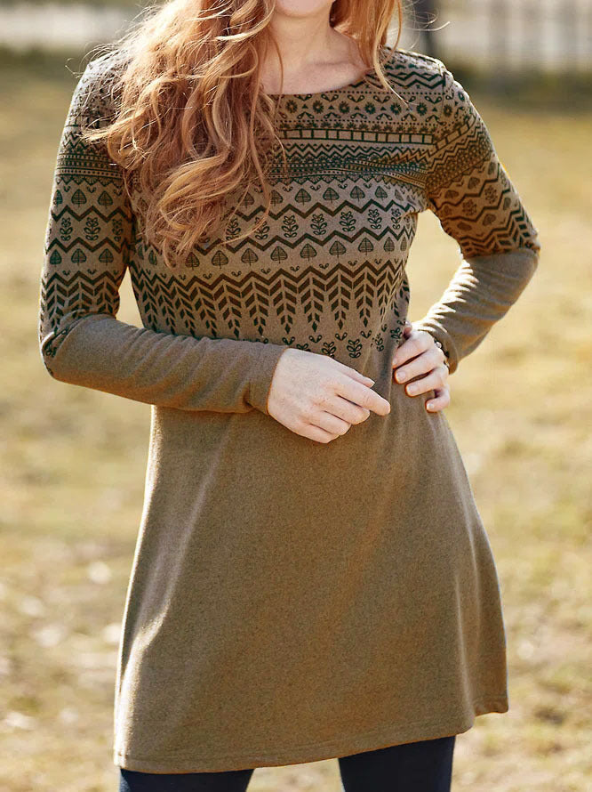 Women's relaxed-fit long sleeve dress in ethnic print with ultra-soft brushed fabric and round neck